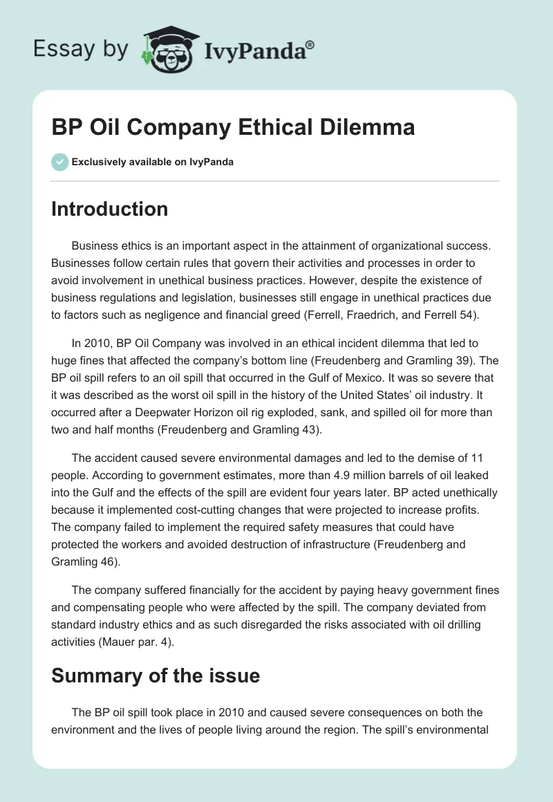 BP Oil Company Ethical Dilemma. Page 1