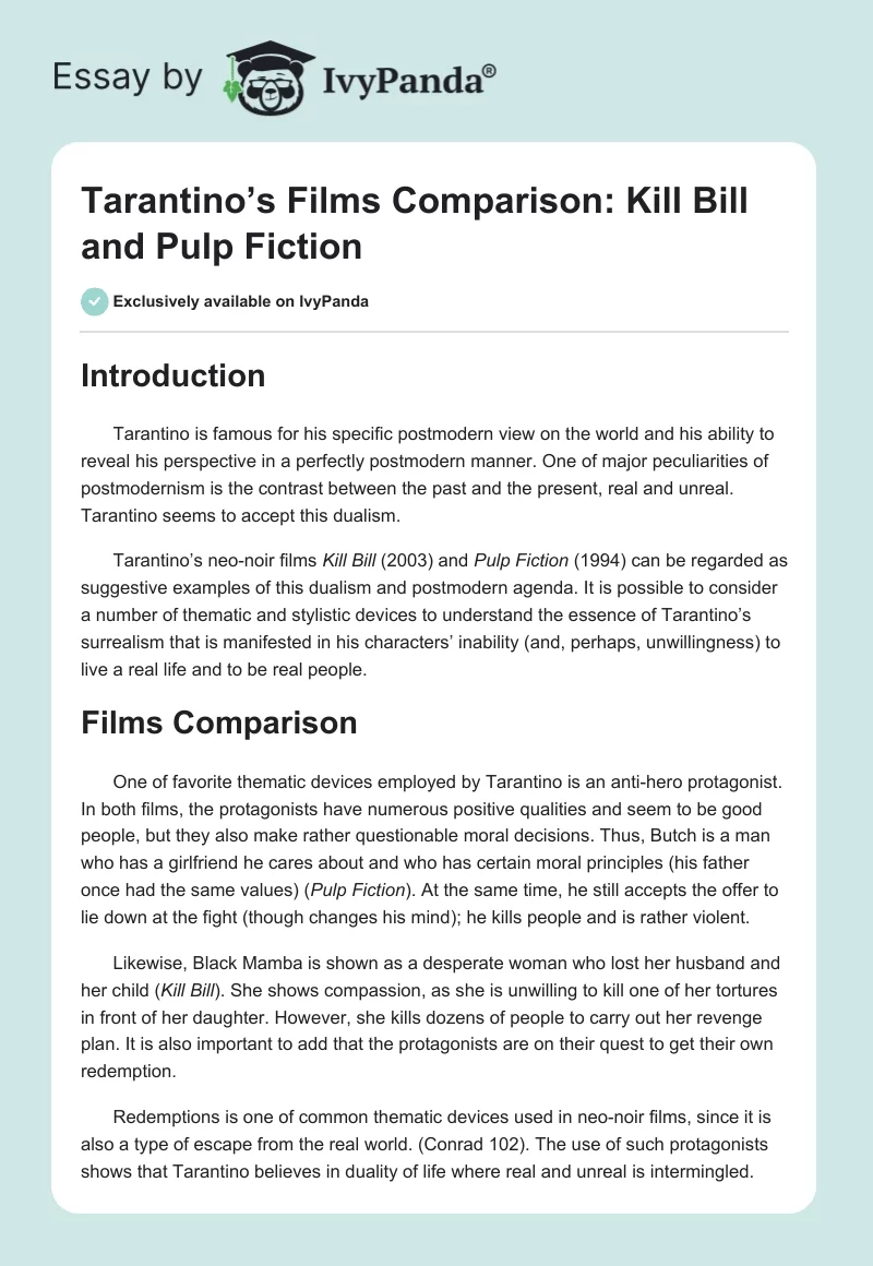 Tarantino’s Films Comparison: Kill Bill and Pulp Fiction. Page 1