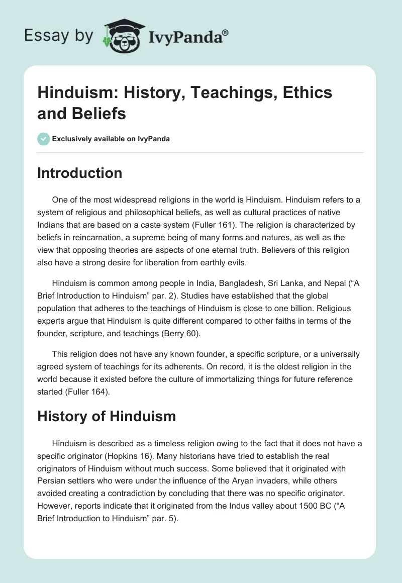 Hinduism: History, Teachings, Ethics and Beliefs. Page 1