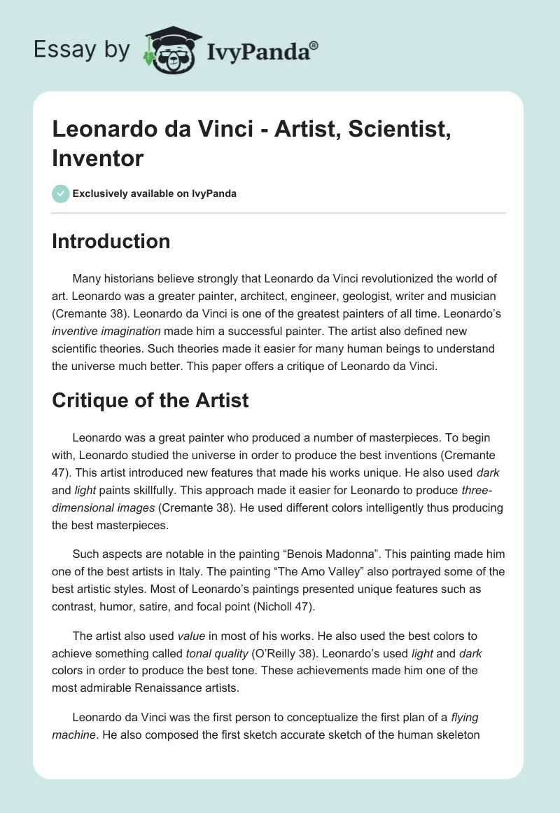 Leonardo da Vinci - Artist, Scientist, Inventor. Page 1