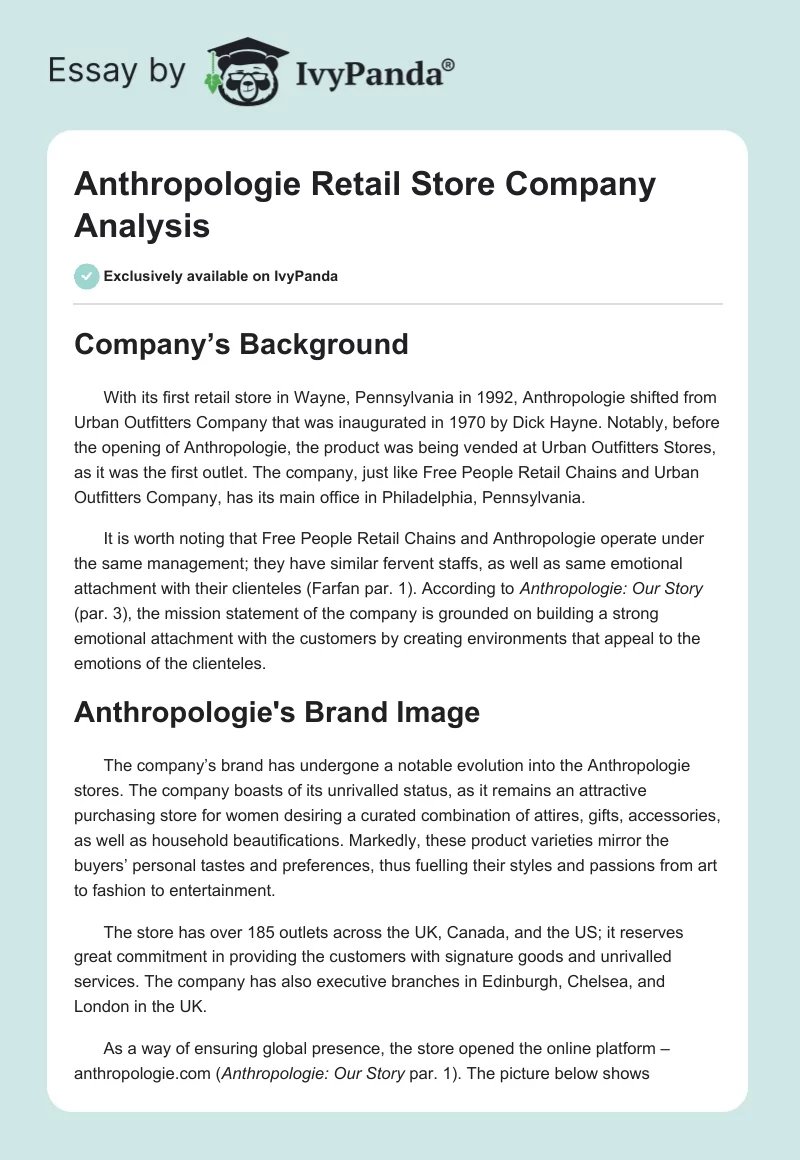 Anthropologie Retail Store Company Analysis. Page 1