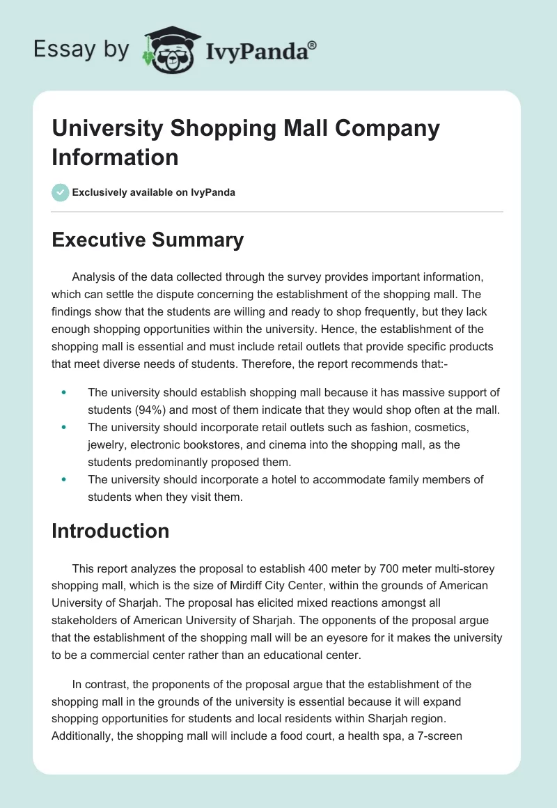 University Shopping Mall Company Information. Page 1