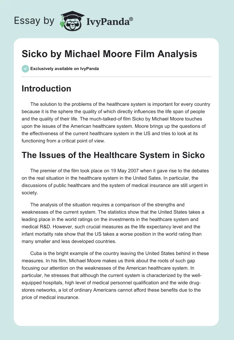 Sicko by Michael Moore Film Analysis. Page 1