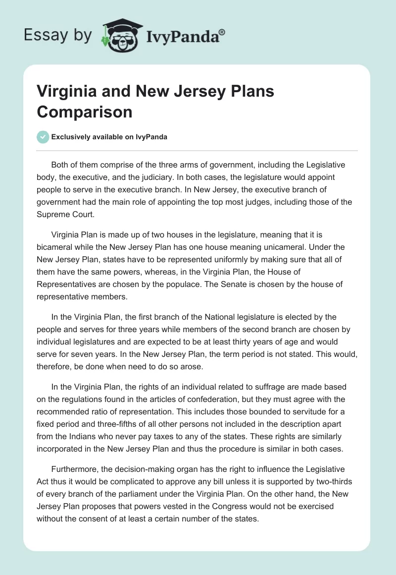Virginia and New Jersey Plans Comparison. Page 1