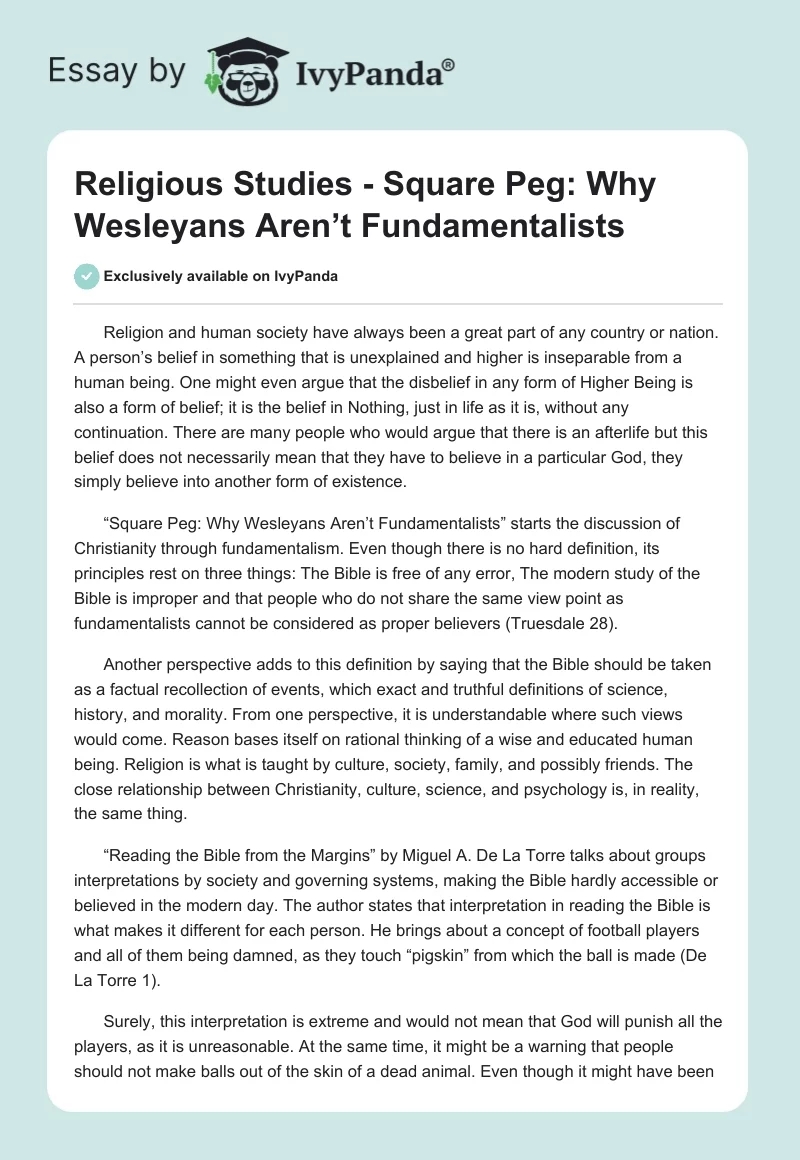 Religious Studies - Square Peg: Why Wesleyans Aren’t Fundamentalists. Page 1