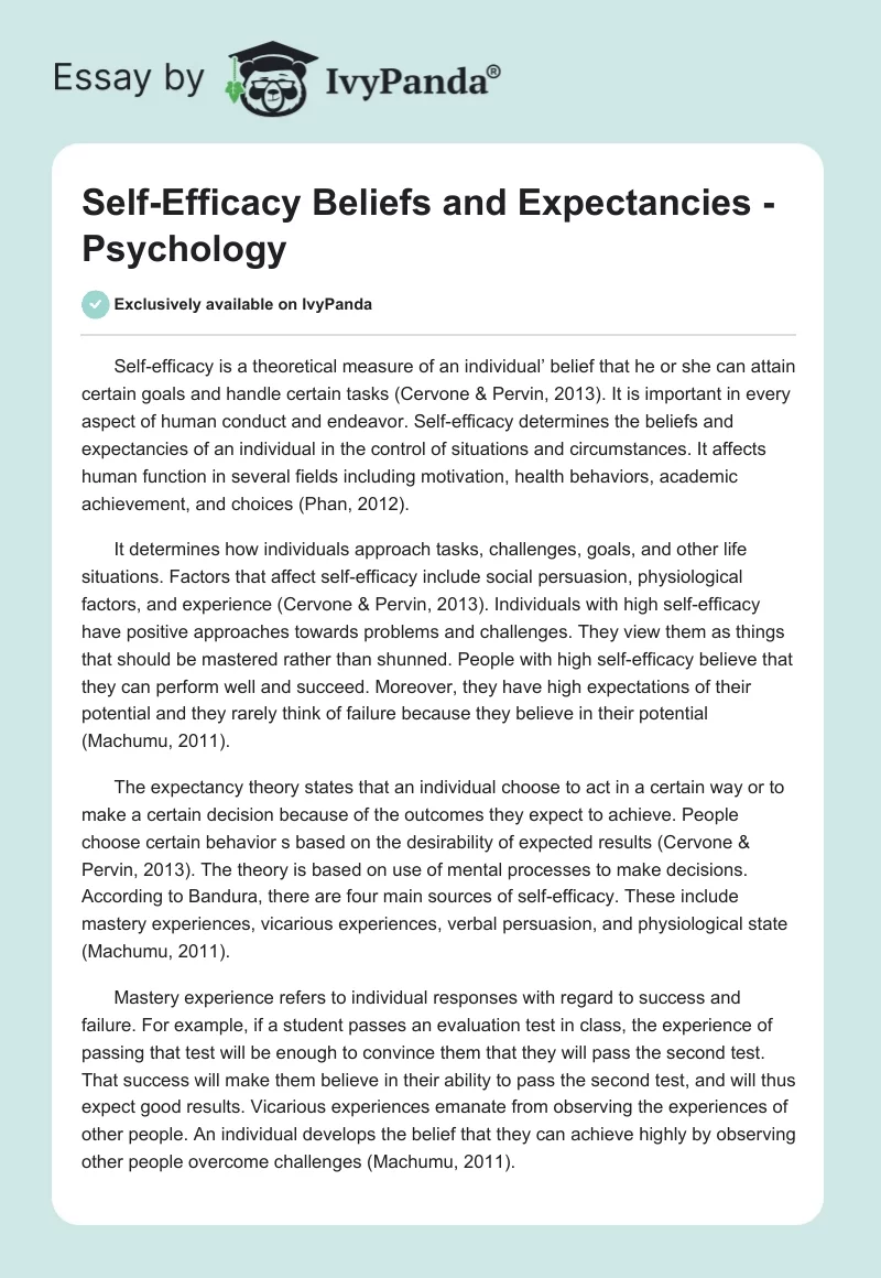Self-Efficacy Beliefs and Expectancies - Psychology. Page 1