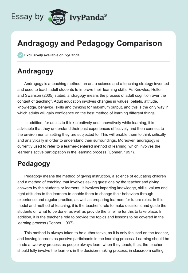 Andragogy and Pedagogy Comparison. Page 1