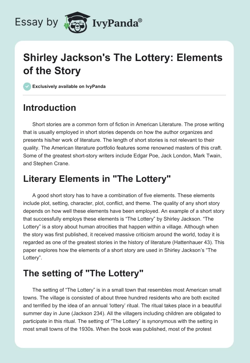 Shirley Jackson's "The Lottery": Elements of the Story. Page 1