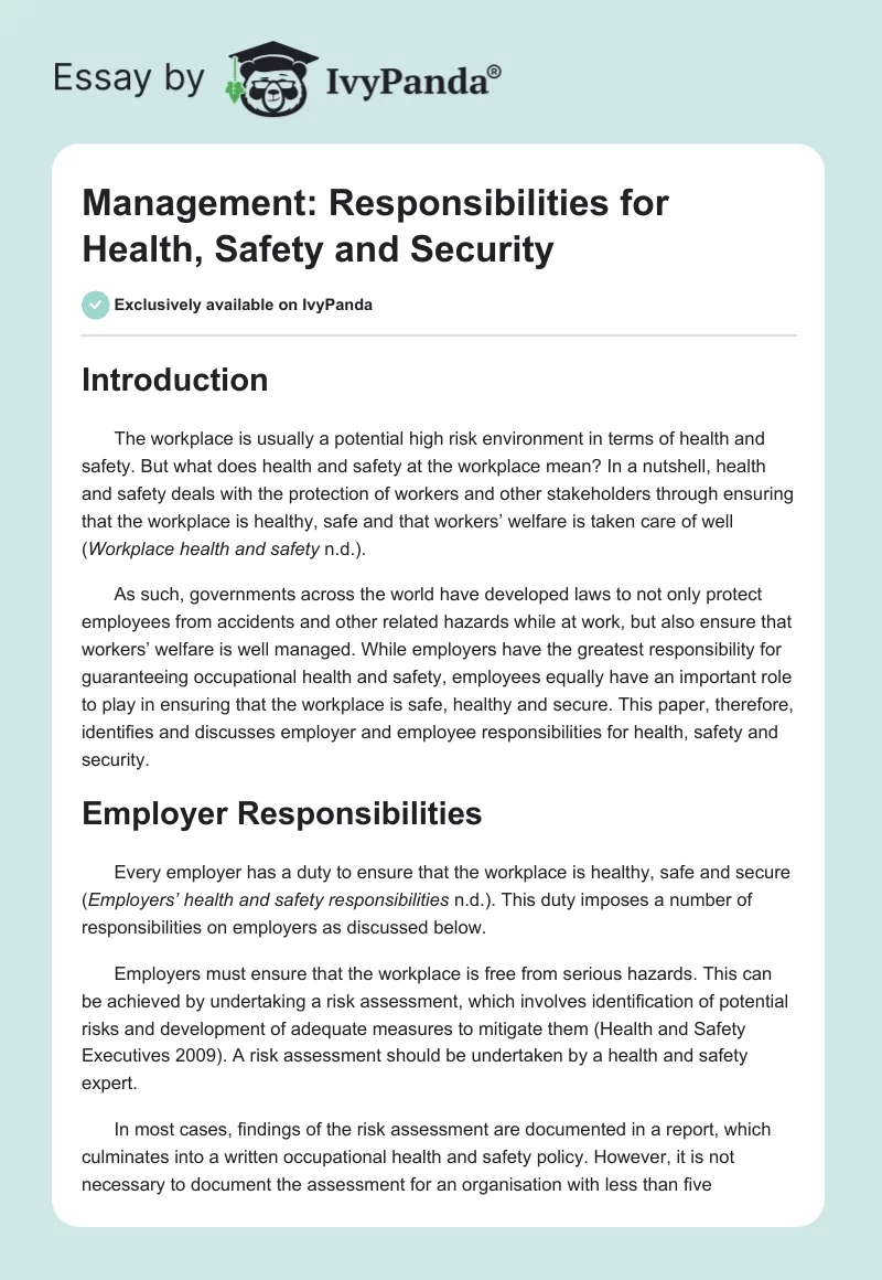 Management: Responsibilities for Health, Safety and Security. Page 1