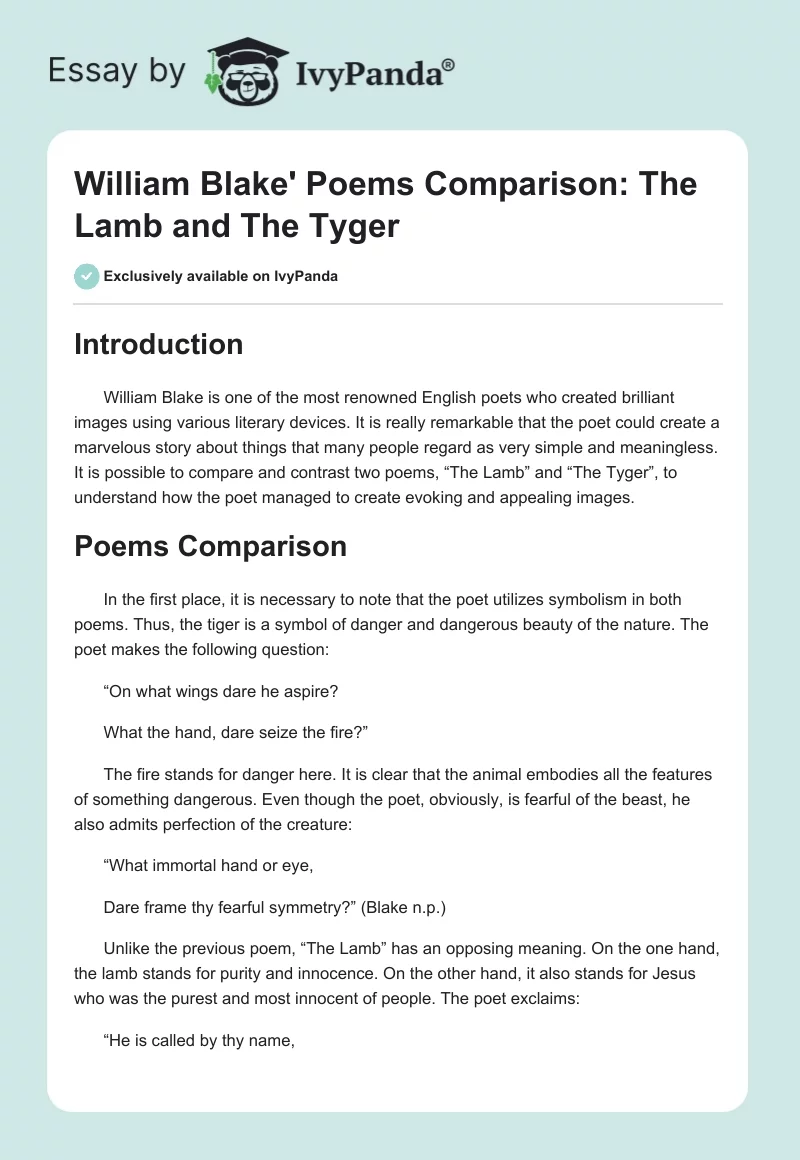 William Blake' Poems Comparison: "The Lamb" and "The Tyger". Page 1