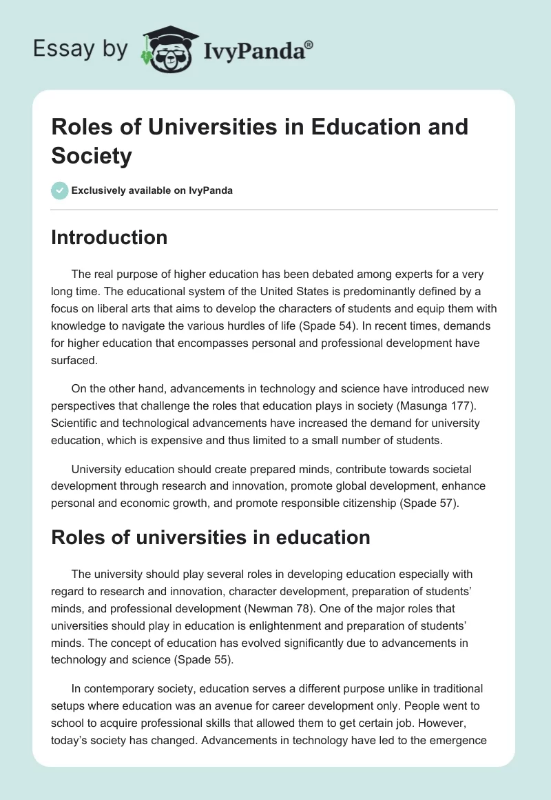 Roles of Universities in Education and Society. Page 1