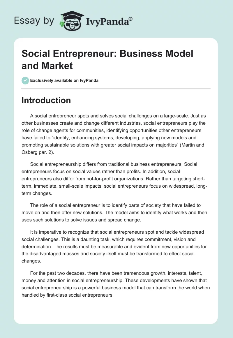 Social Entrepreneur: Business Model and Market. Page 1
