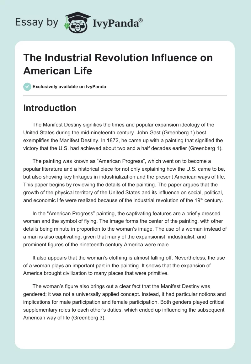 The Industrial Revolution Influence on American Life. Page 1
