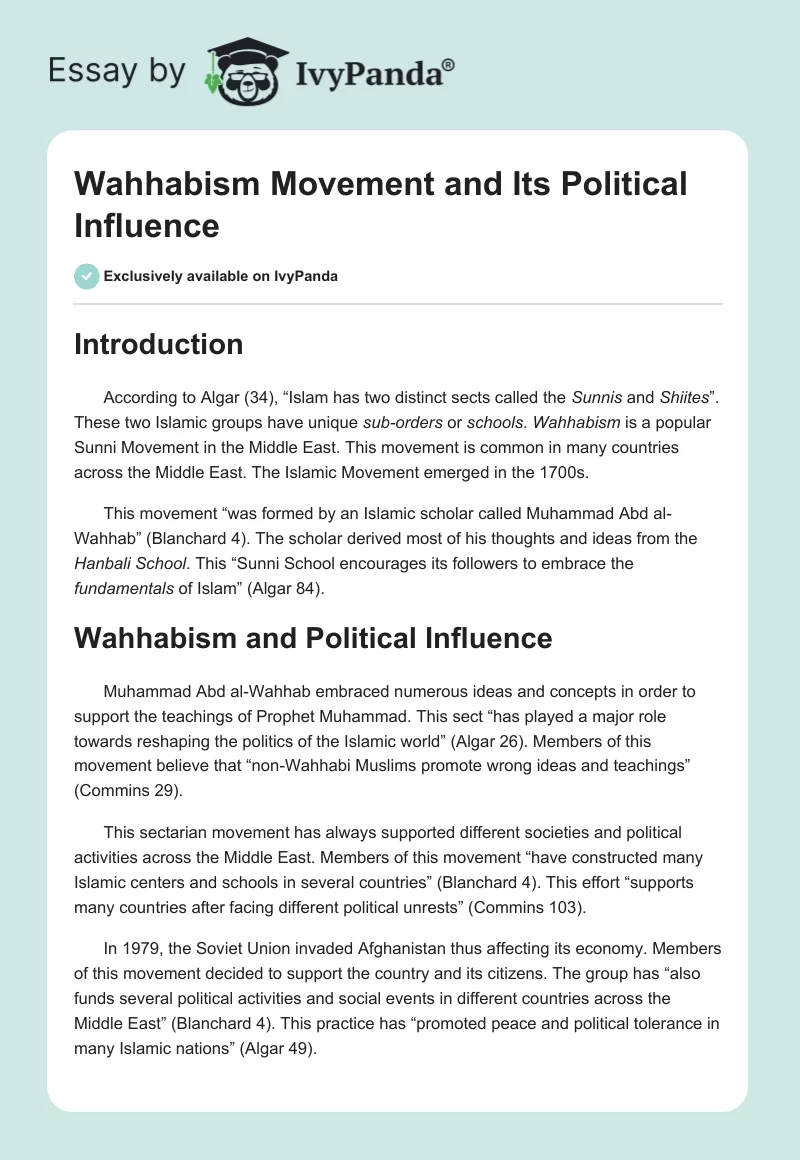 Wahhabism Movement and Its Political Influence. Page 1