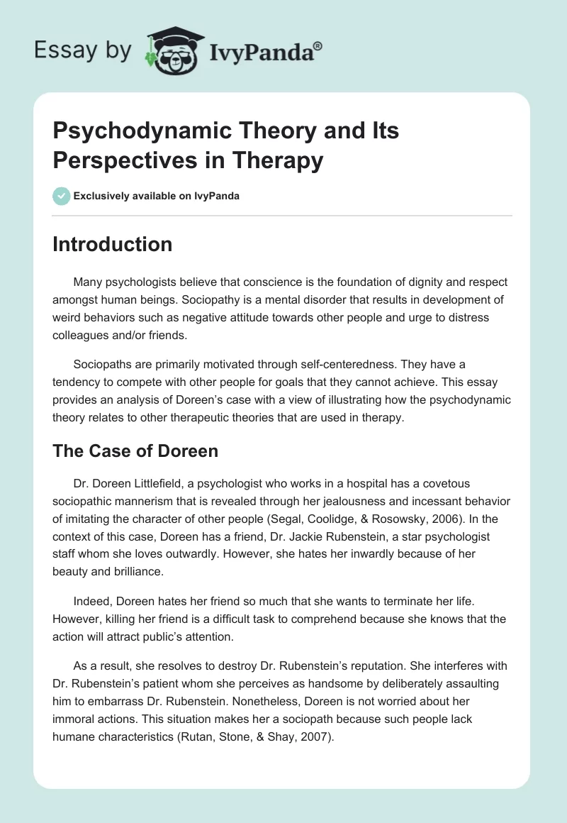 Psychodynamic Theory and Its Perspectives in Therapy. Page 1