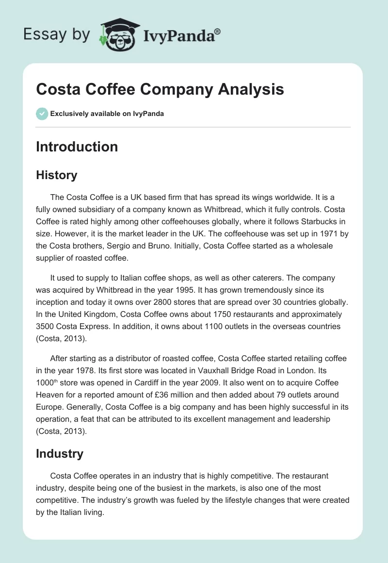 Costa Coffee Company Analysis. Page 1