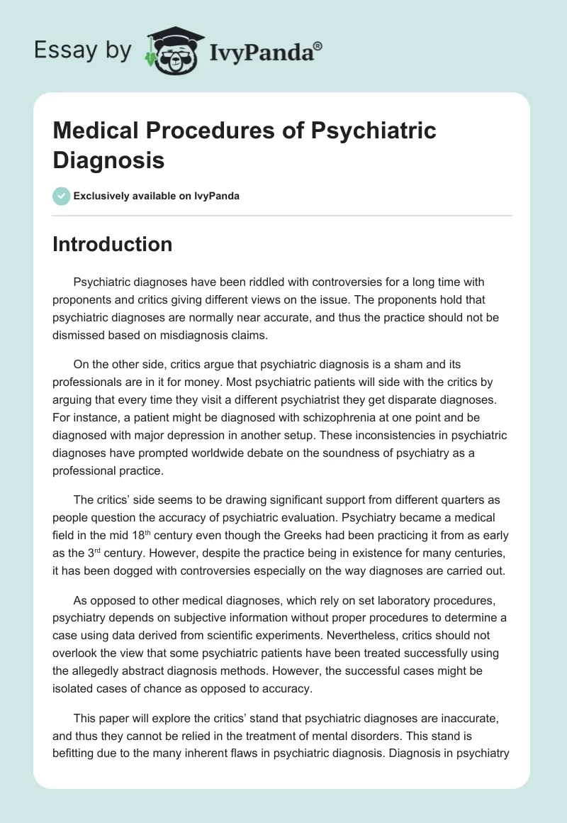 Medical Procedures of Psychiatric Diagnosis. Page 1
