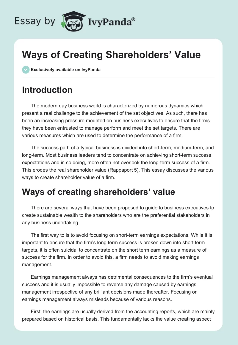 Ways of Creating Shareholders’ Value. Page 1