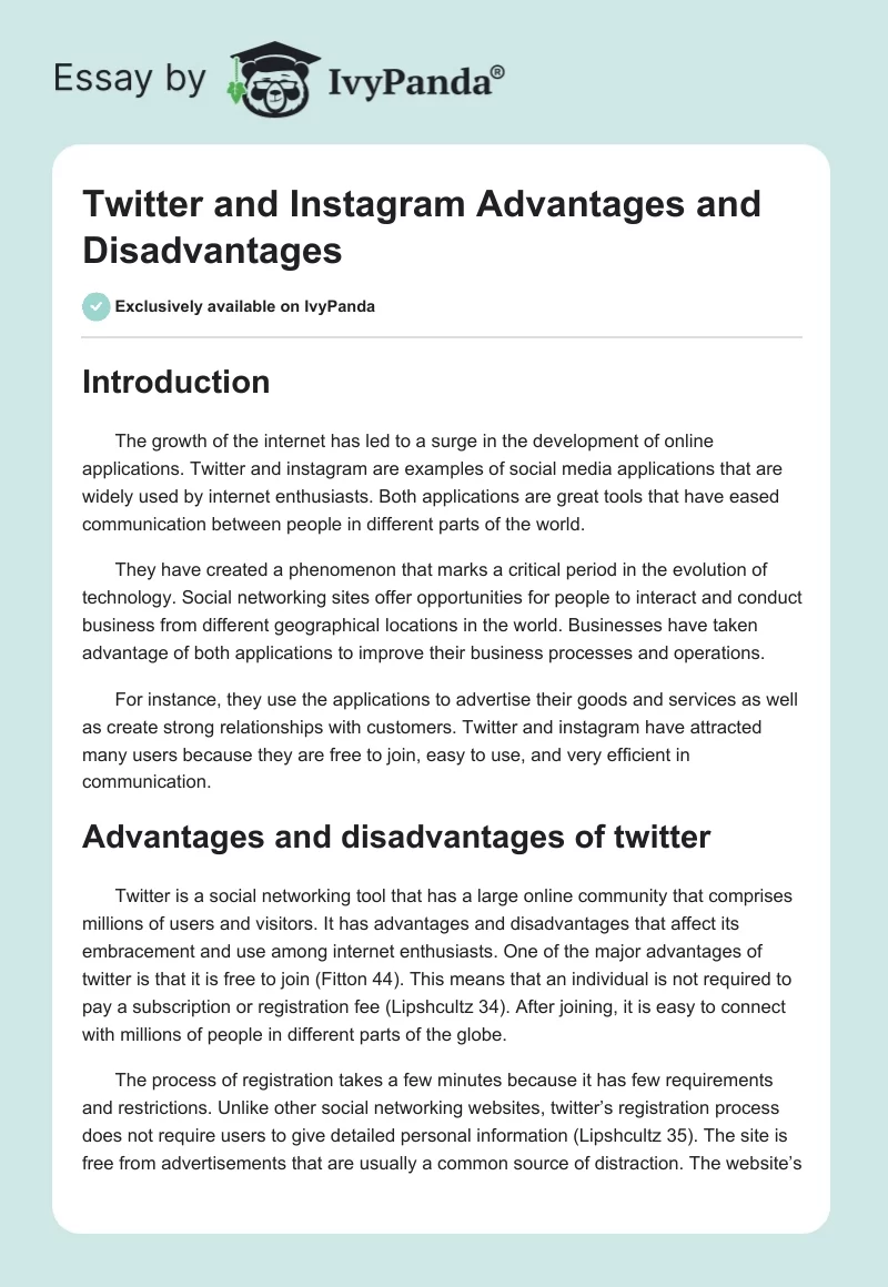 Twitter and Instagram Advantages and Disadvantages. Page 1