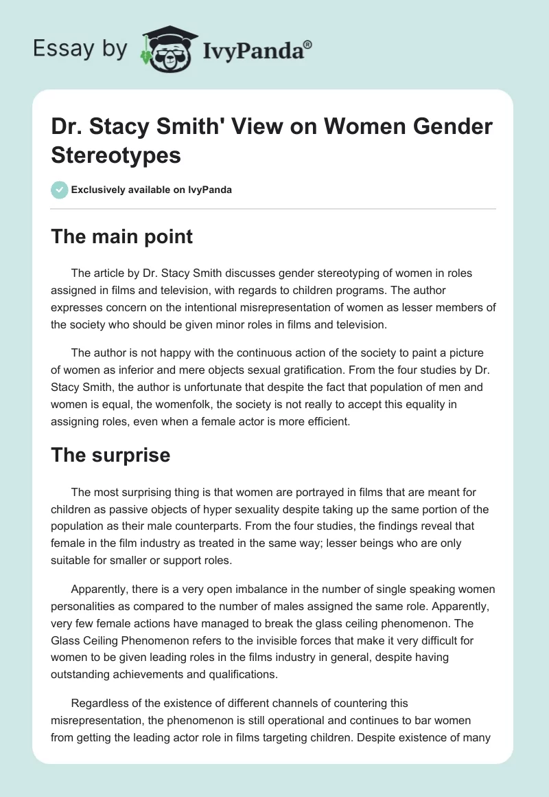Dr. Stacy Smith' View on Women Gender Stereotypes. Page 1