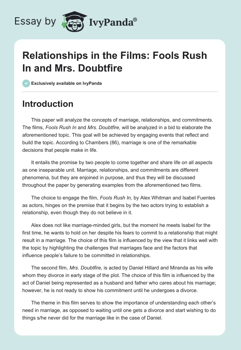 Relationships in the Films: Fools Rush In and Mrs. Doubtfire. Page 1