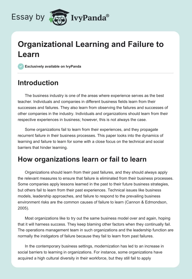 Organizational Learning and Failure to Learn. Page 1