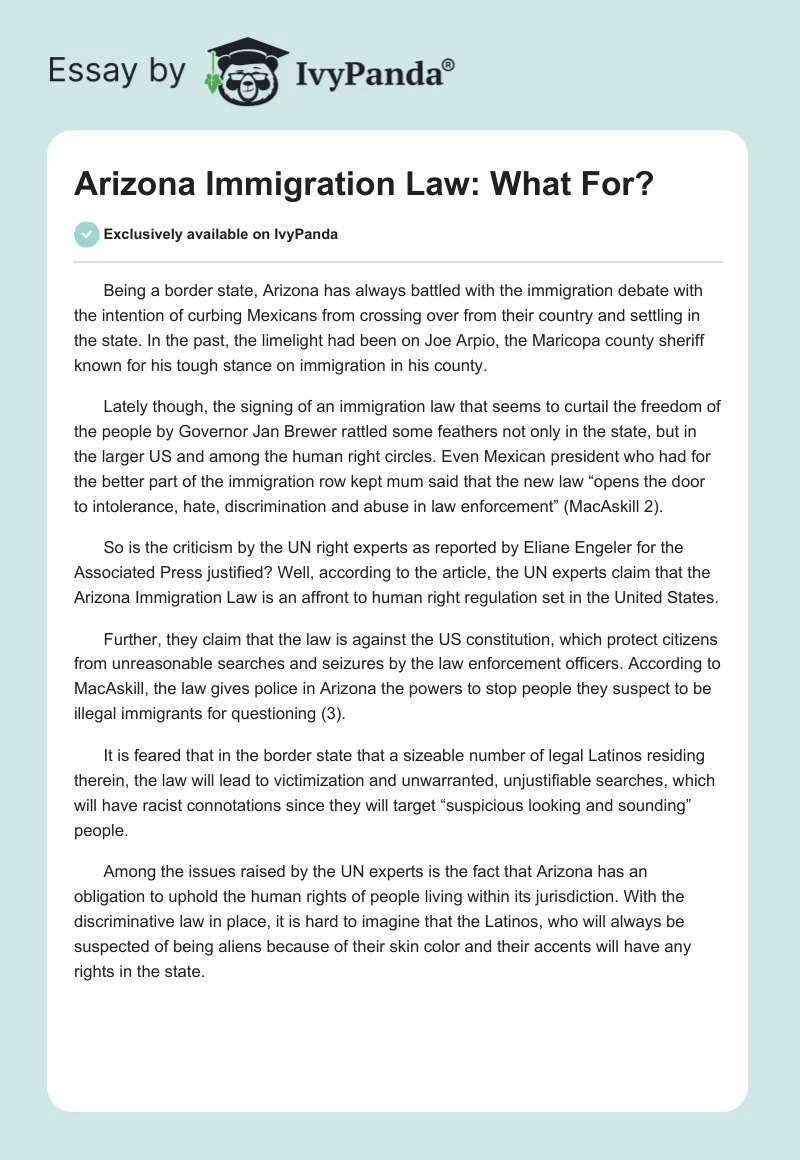Arizona Immigration Law: What For?. Page 1