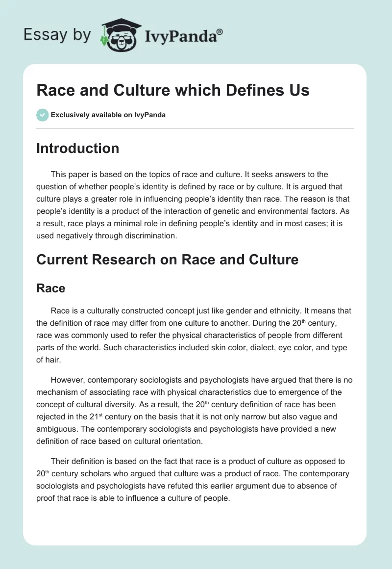 Race and Culture which Defines Us. Page 1