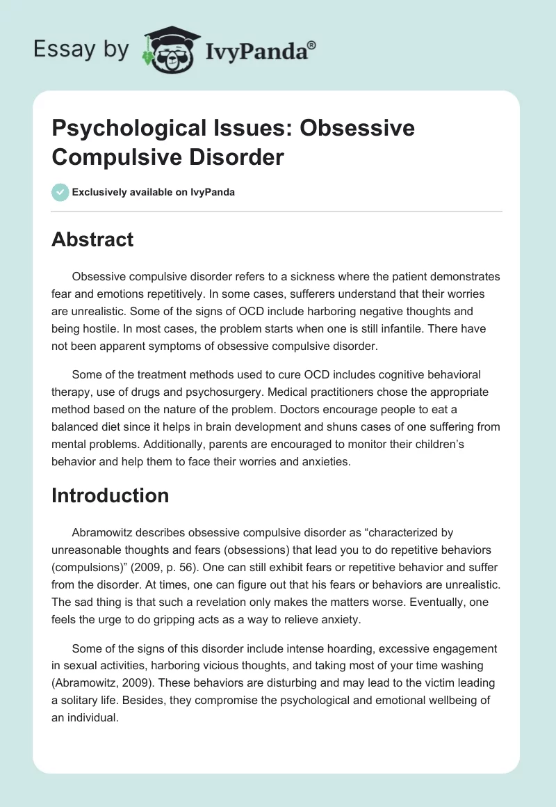 Psychological Issues: Obsessive Compulsive Disorder. Page 1