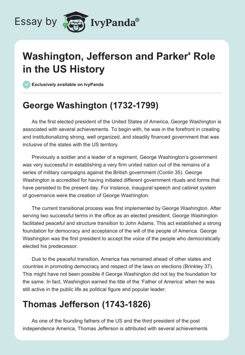 Washington, Jefferson and Parker' Role in the US History. Page 1