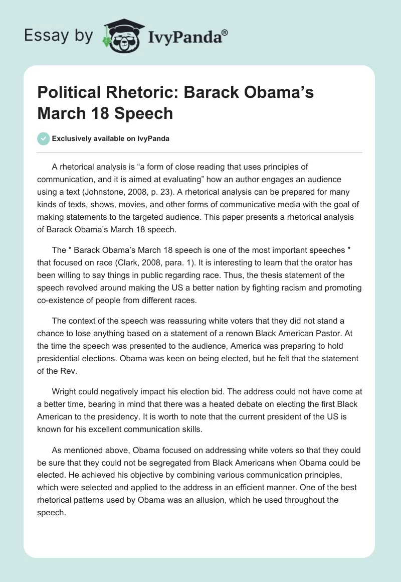 Political Rhetoric: Barack Obama’s March 18 Speech. Page 1
