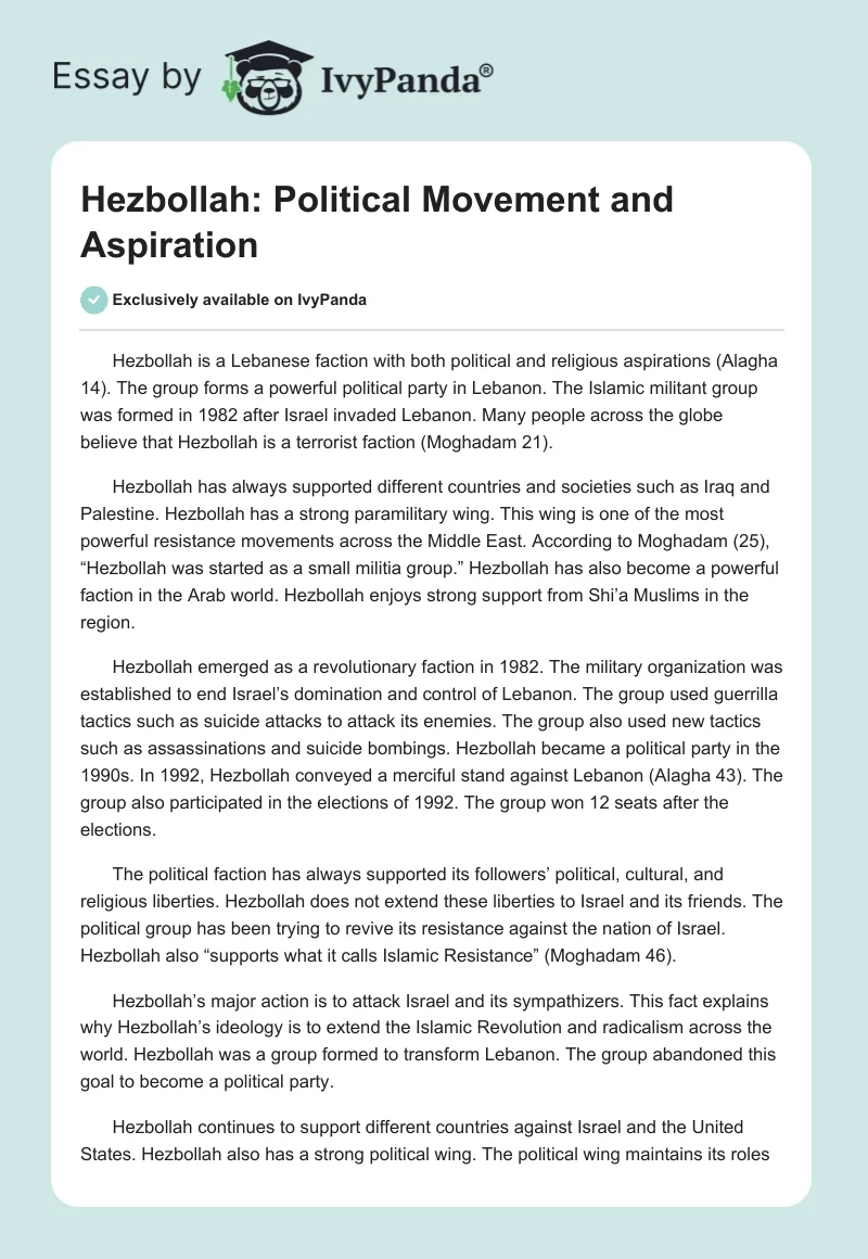 Hezbollah: Political Movement and Aspiration. Page 1
