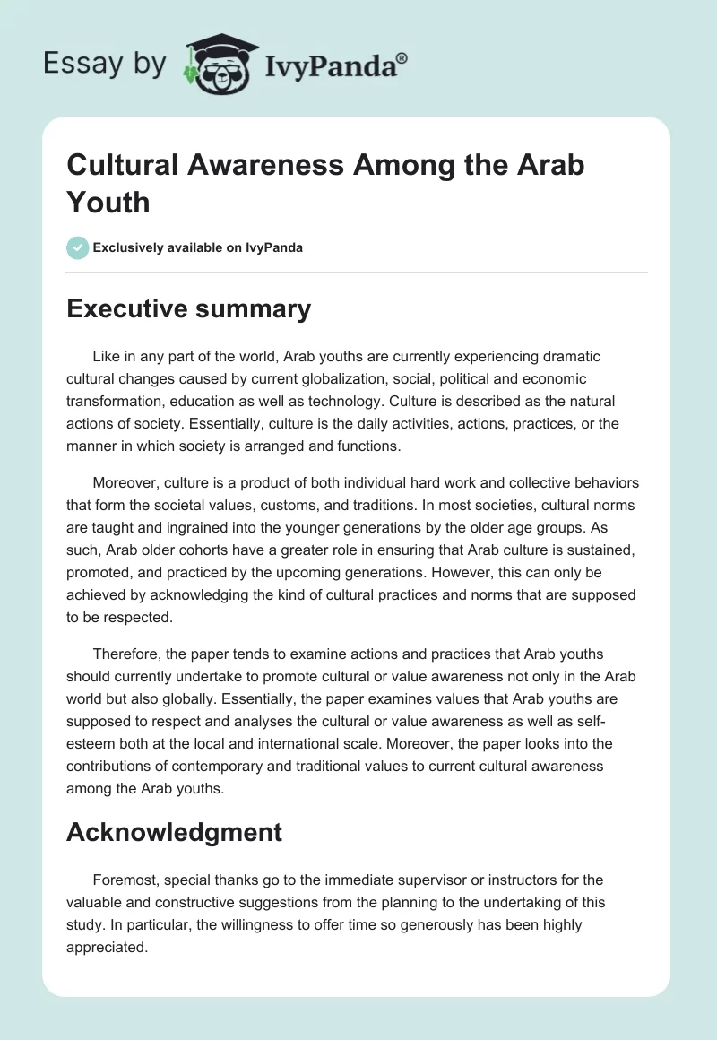 Cultural Awareness Among the Arab Youth. Page 1