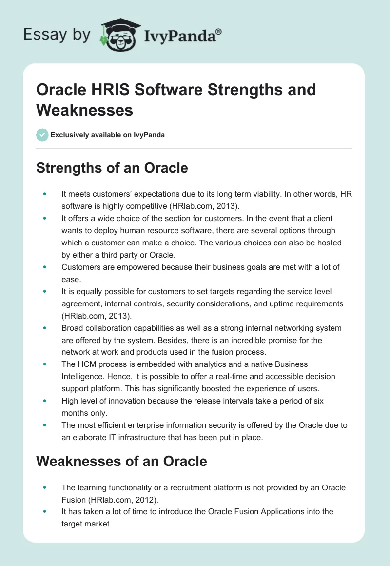 Oracle HRIS Software Strengths and Weaknesses. Page 1