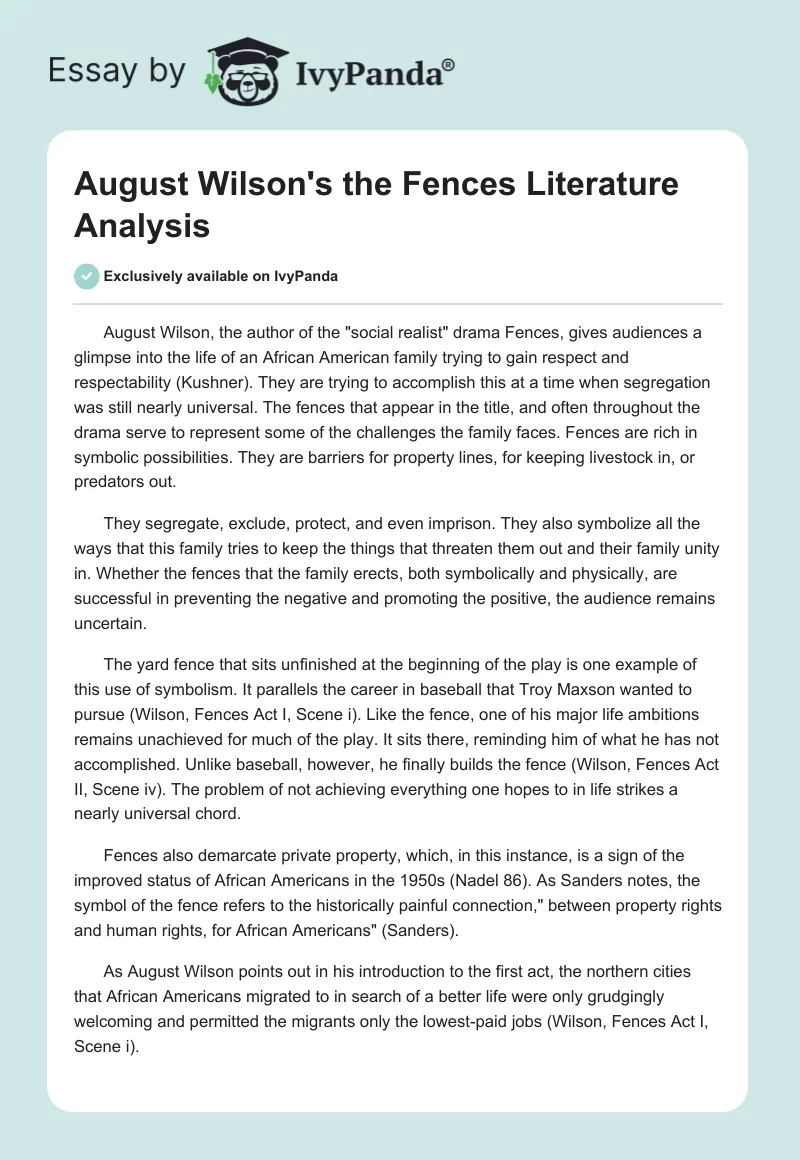 August Wilson's the "Fences" Literature Analysis. Page 1