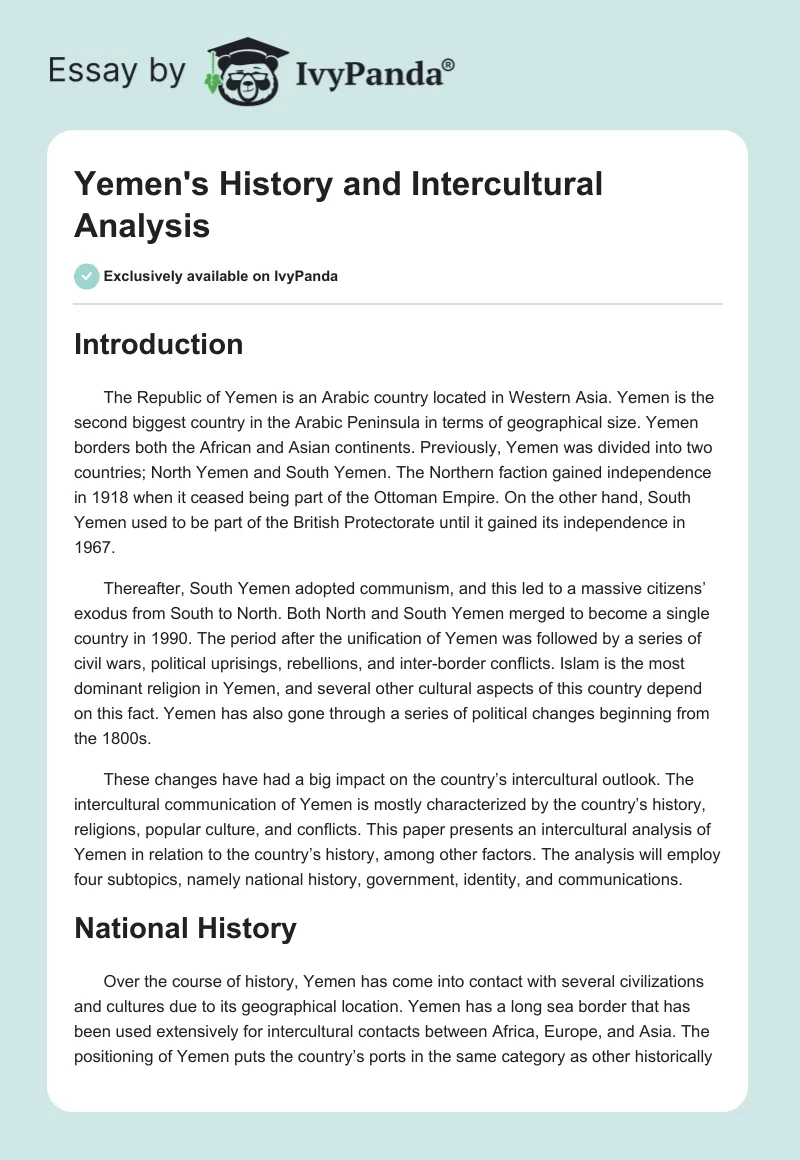 Yemen's History and Intercultural Analysis. Page 1