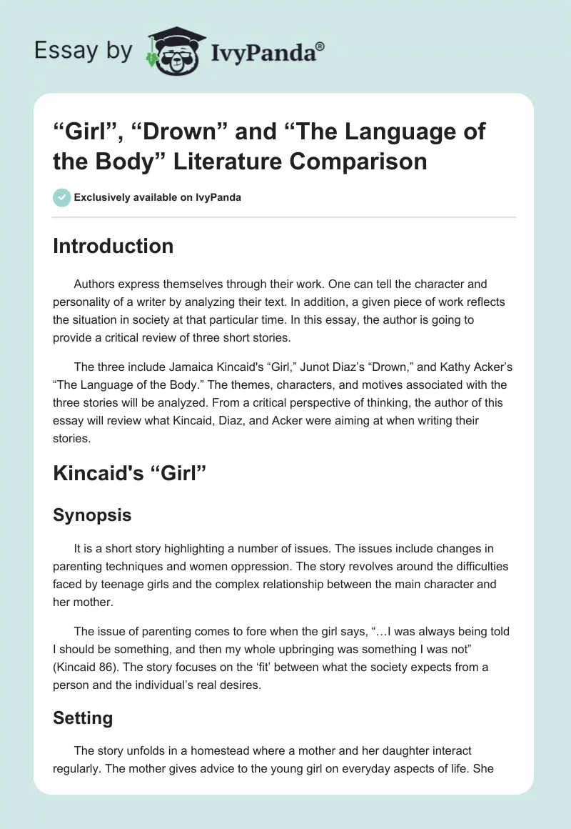 “Girl”, “Drown” and “The Language of the Body” Literature Comparison. Page 1