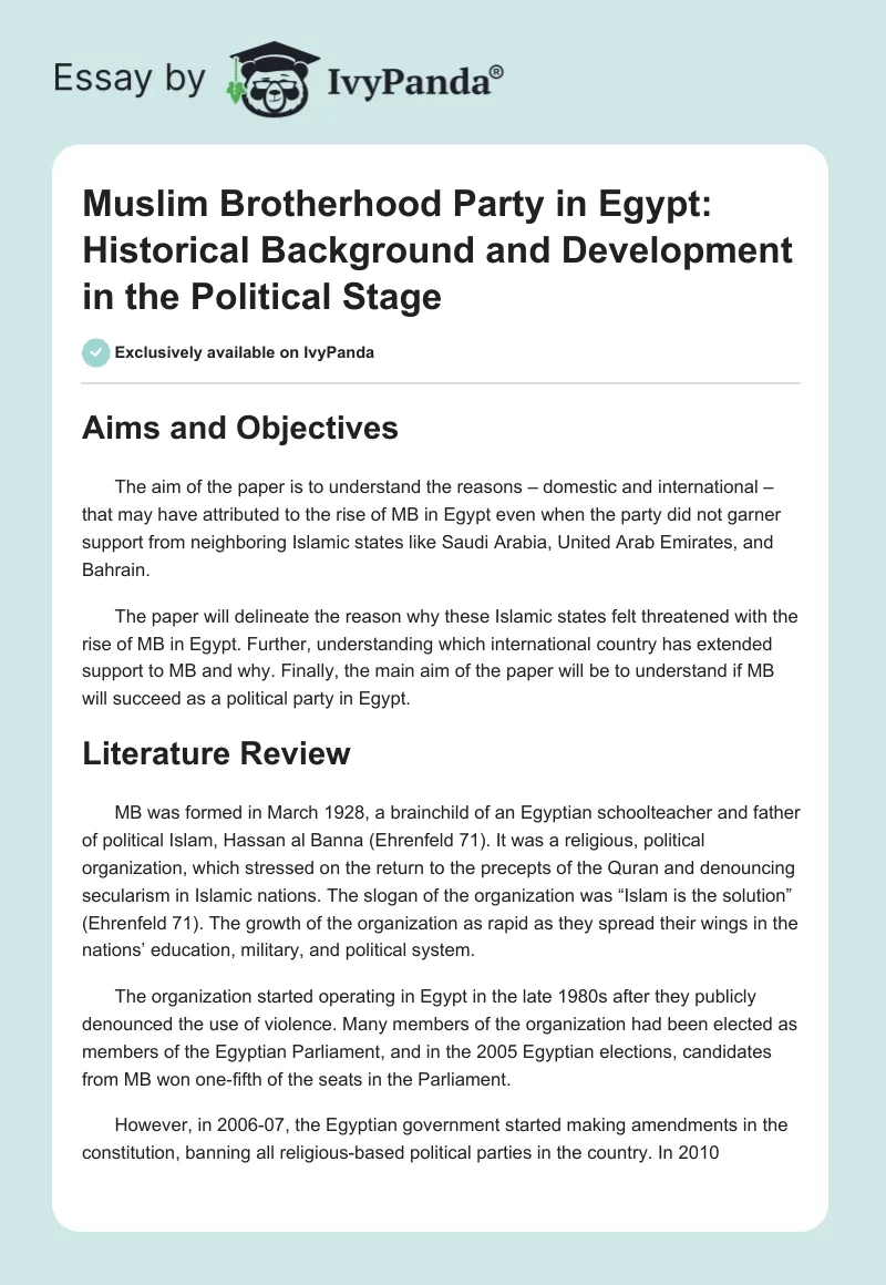 Muslim Brotherhood Party in Egypt: Historical Background and Development in the Political Stage. Page 1