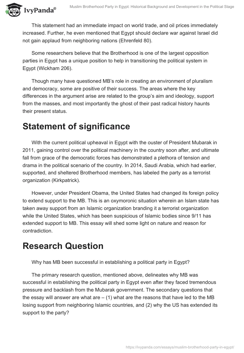 Muslim Brotherhood Party in Egypt: Historical Background and Development in the Political Stage. Page 3
