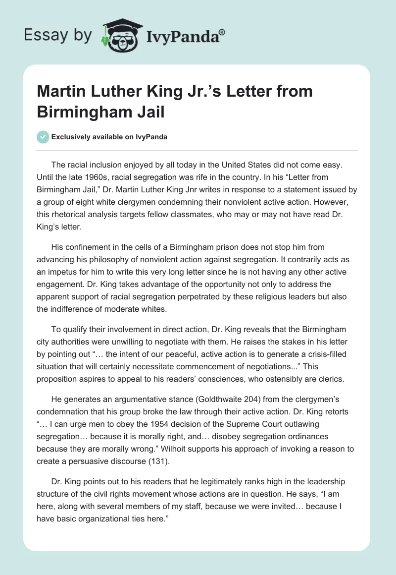 argumentative essay on letter from birmingham jail