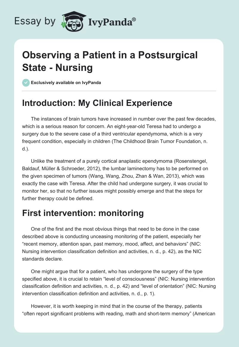Observing a Patient in a Postsurgical State - Nursing. Page 1