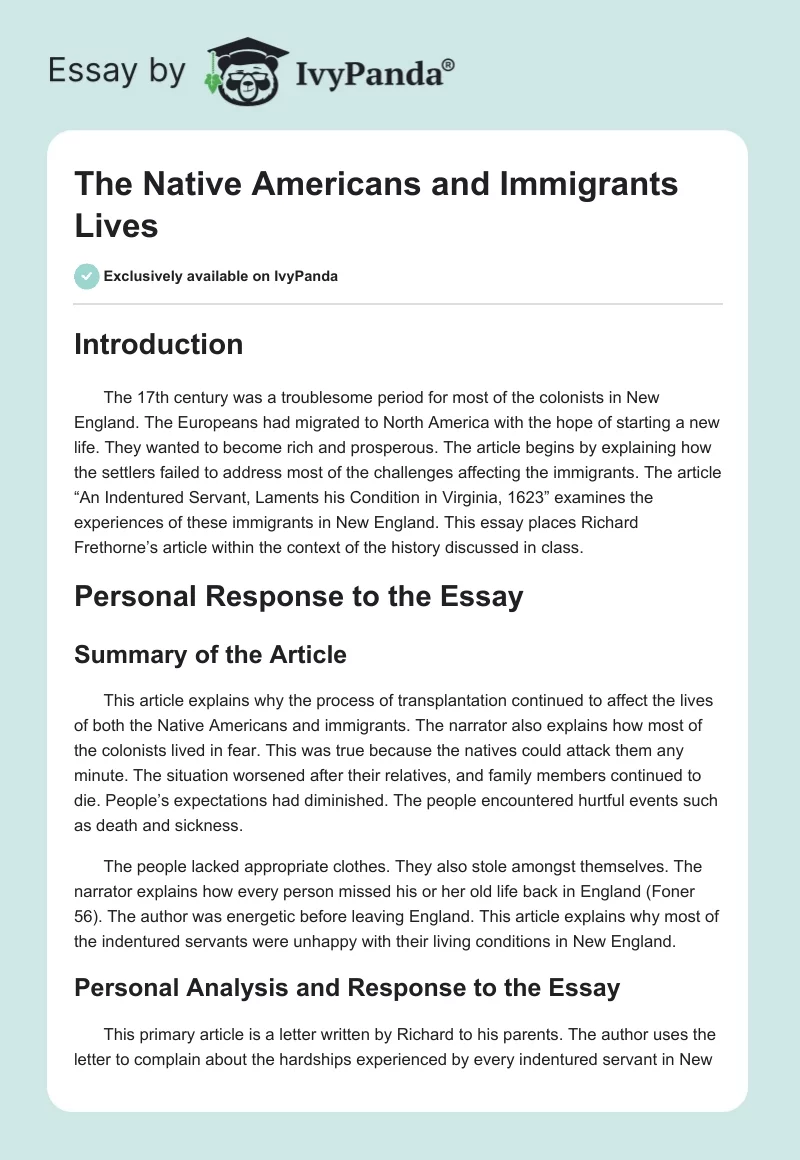 The Native Americans and Immigrants Lives. Page 1