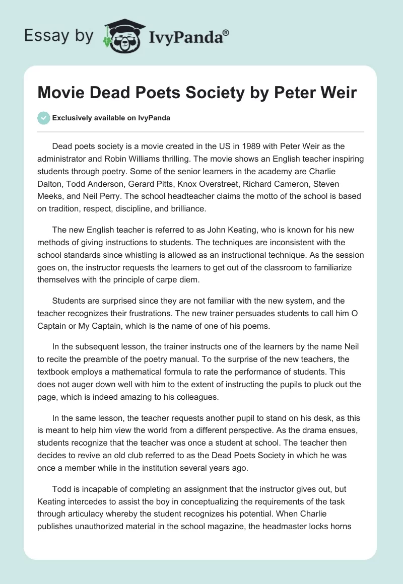 Movie "Dead Poets Society" by Peter Weir. Page 1