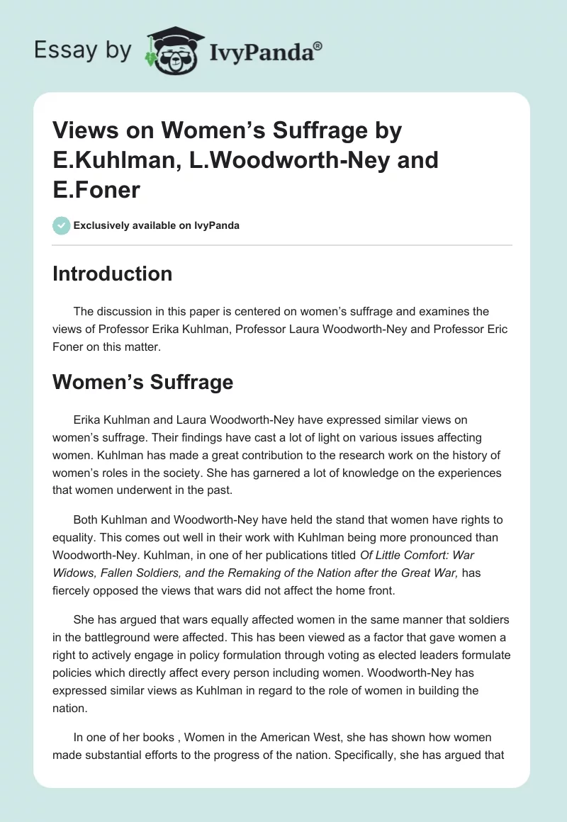 Views on Women’s Suffrage by E.Kuhlman, L.Woodworth-Ney and E.Foner. Page 1