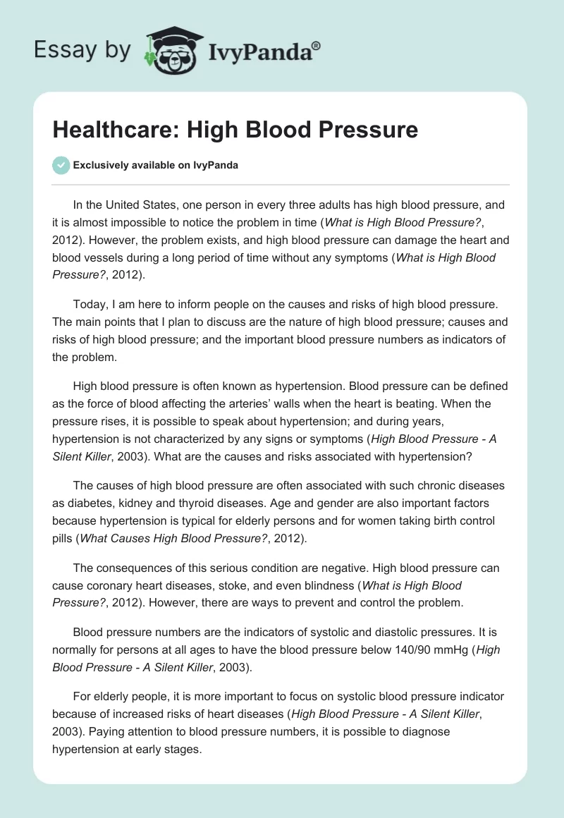 Healthcare: High Blood Pressure. Page 1