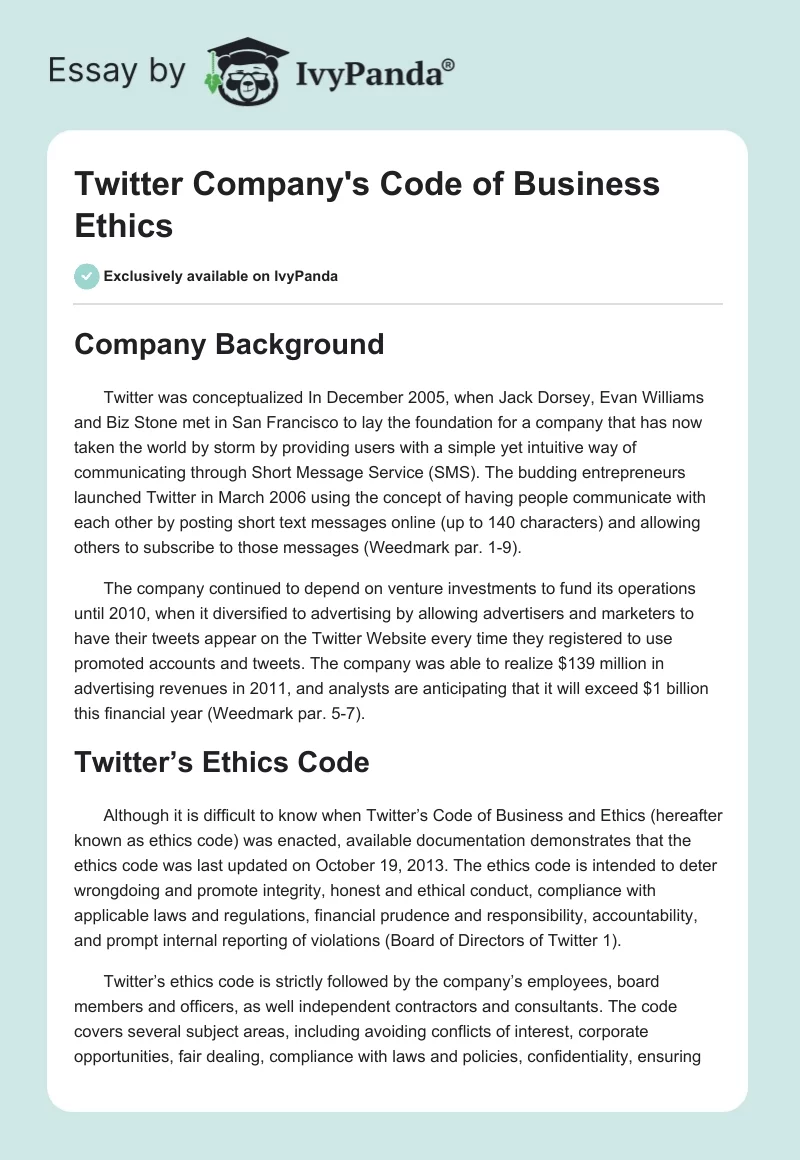 Twitter Company's Code of Business Ethics. Page 1