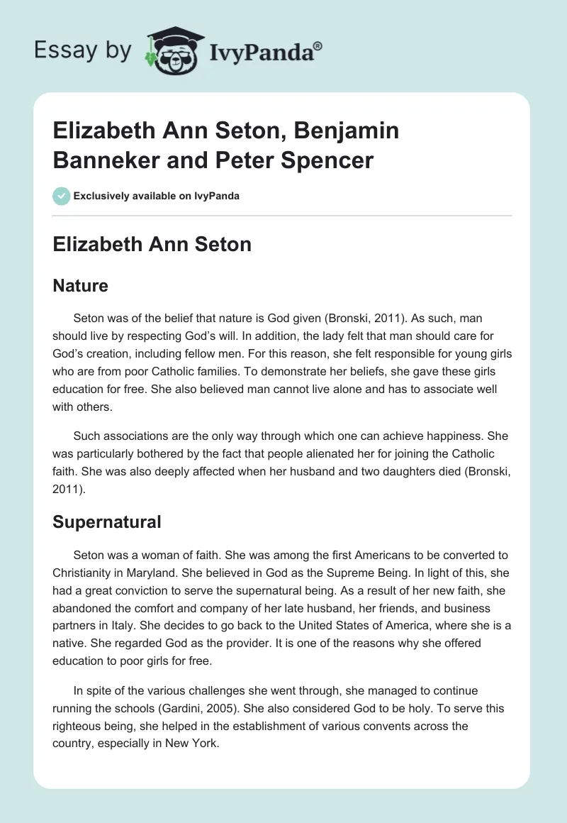 Elizabeth Ann Seton, Benjamin Banneker and Peter Spencer. Page 1