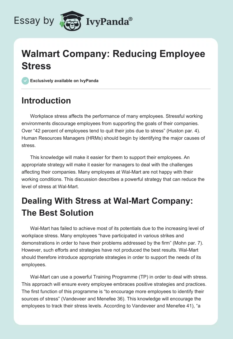 Walmart Company: Reducing Employee Stress. Page 1