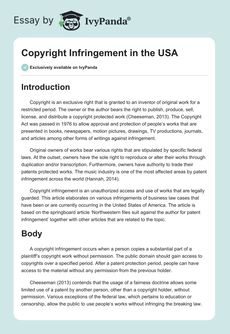 Copyright Infringement in the USA. Page 1