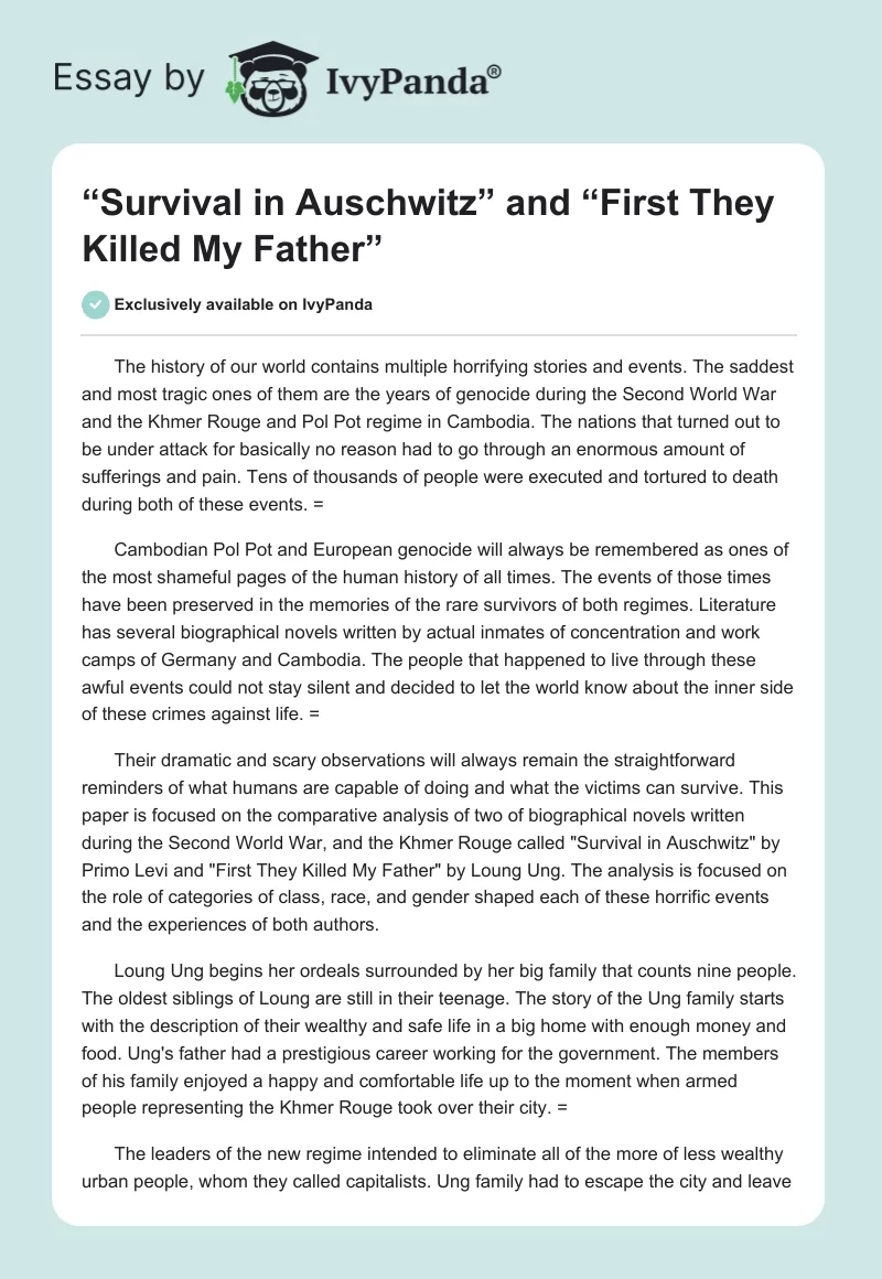 “Survival in Auschwitz” and “First They Killed My Father”. Page 1